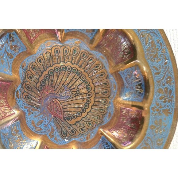 Vintage Brass Peacock Wall Plate With Blue & Red Detailing 6"W - Picture 2 of 5